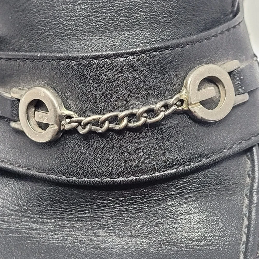 Womens Tifosi Design Black Leather Loafers Chain Detail 41‎ Wide Comfort Slip On